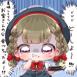  1girl :3 :t apron beret black_apron black_hat blue_background blush bow bowtie braid brown_hair cheek_press chibi chibi_only closed_mouth collared_shirt commentary_request food food_on_face frilled_shirt_collar frills fukune_koko hachiban_ramen hachiban_ramen_uniform hair_bow hand_on_own_cheek hand_on_own_face hat highres holding holding_tray kachimachi_kosuzu link!_like!_love_live! love_live! low_twintails official_alternate_costume pink_eyes puffy_short_sleeves puffy_sleeves red_bow red_bowtie shirt short_sleeves short_twintails side_braids solo speech_bubble tray trembling turn_pale twintails virtual_youtuber white_shirt 