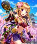  1girl bell blonde_hair breasts cherry_blossoms cleavage holding long_hair looking_at_viewer midriff navel open_mouth outdoors sengoku_saga solo violet_eyes yamyom 