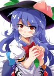  1girl absurdres blue_hair blush bow e.o. food fruit hat highres hinanawi_tenshi long_hair peach puffy_sleeves red_eyes short_sleeves simple_background sketch solo touhou 