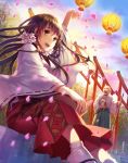  1boy 1girl arm_up bald black_hair brown_eyes cherry_blossoms closed_eyes dog flower green_hakama hair_flower hair_ornament hakama japanese_clothes lace-trimmed_sleeves laughing long_hair miko open_mouth original outdoors red_hakama sitting socks torii white_legwear yamyom 