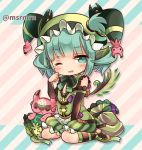  1girl astaroth_(p&amp;d) bloomers cauchemar_(p&amp;d) chibi detached_sleeves green_eyes green_hair hat jester_cap kneehighs lowres marshmallow_mille one_eye_closed puzzle_&amp;_dragons sitting tears underwear wariza 