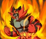  10s black_hair fangs green_eyes incineroar litten_(pokemon) muscle no_humans pokemon pokemon_(creature) pokemon_(game) pokemon_sm redhead solo striped tiger yellow_sclera 