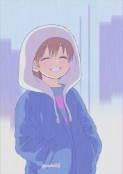  1other :d ^_^ anime_coloring backlighting blue_jacket blue_shirt blue_sky brown_hair building closed_eyes commentary_request cosplay drawstring facing_viewer film_grain frisk_(undertale) grin hair_between_eyes hands_in_pockets highres hood hood_up hooded_jacket jacket naoki_(oosuko) other_focus outdoors partially_unzipped pink_shirt pixie_cut pocket rain sans_(undertale) sans_(undertale)_(cosplay) shirt short_hair sky skyscraper smile solo striped_clothes striped_shirt two-tone_shirt undertale upper_body white_hood 