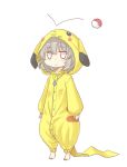  1girl :&lt; animal_costume barefoot blush character_hood chibi commentary_request cosplay costume grey_eyes grey_hair highres hood jewelry looking_at_viewer nazrin nibi pendant pikachu pikachu_(cosplay) poke_ball pokemon pokemon_go simple_background solid_circle_eyes solo tail touhou 