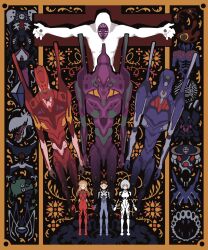  1boy 2girls amandasmurfee angel_(evangelion) ayanami_rei bodysuit border crucifixion eva_00 eva_01 eva_02 full_body highres holding_hands ikari_shinji lilith_(evangelion) mecha mecha_pilot_suit multiple_girls neon_genesis_evangelion red_bodysuit robot souryuu_asuka_langley standing the_end_of_evangelion white_bodysuit yellow_border 
