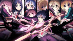  1boy 6+girls arimura_hinae back-to-back belt belt_buckle black_dress black_pants black_shoes black_thighhighs blonde_hair blue_eyes blue_hair bow breasts brown_cardigan brown_eyes brown_hair buckle cardigan chaos;child collarbone collared_shirt d-sword dress everyone frown glasses glowing glowing_sword glowing_weapon hair_bow hair_over_one_eye hair_ribbon hekiho_academy_school_uniform holding holding_sword holding_weapon hood huge_weapon jacket kazuki_hana kunosato_mio kurusu_nono lab_coat lapels leather_belt loafers lollipop_in_mouth long_hair looking_at_viewer minamisawa_senri miyashiro_takuru multiple_girls multiple_hair_bows necktie notched_lapels onoe_serika open_clothes open_jacket open_mouth orange_hair pants pink_eyes pink_hair purple_hair red-framed_eyewear red_necktie ribbon school_uniform serious shiny_eyes shirt shoes smile sword taba_neruko thigh-highs v-shaped_eyebrows violet_eyes weapon white_belt white_hood white_shirt yamazoe_uki 