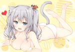  1girl animal_ears ass bikini blue_eyes breast_press breasts butt_crack cat_ears cat_tail cleavage kantai_collection kashima_(kantai_collection) kemonomimi_mode lying miko_92 on_stomach open_mouth silver_hair solo swimsuit tail twintails wavy_hair 