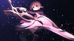  1girl black_shoes black_thighhighs black_vest bow chaos;child chest_bow d-sword dress dress_vest hair_between_eyes hekiho_academy_school_uniform holding holding_sword holding_weapon huge_weapon jacket light_particles loafers long_sleeves looking_at_viewer miniskirt onoe_serika pink_eyes pink_hair red_bow school_uniform shoes short_hair sidelocks skirt smile solo sword taba_neruko thigh-highs thighs underbutt vest weapon 