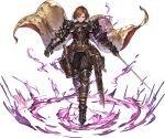  &gt;:( 1girl apollonia_vaar armor black_armor brown_hair cape closed_mouth frown full_armor gauntlets granblue_fantasy gun hair_between_eyes headwear_removed helmet helmet_removed holding holding_sword holding_weapon holster leopard_print looking_at_viewer minaba_hideo official_art pauldrons sheath short_hair simple_background solo spikes sword unsheathed weapon white_eyes 