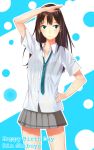  1girl aqua_eyes black_bra black_hair bra collarbone grey_skirt hand_on_hip idolmaster idolmaster_cinderella_girls long_hair looking_at_viewer pleated_skirt school_uniform see-through shibuya_rin shirt skirt solo tamakaga underwear wet wet_clothes wet_shirt 