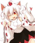  1girl ahoge animal_ears bare_shoulders breasts detached_sleeves fang hat heart highres inubashiri_momiji looking_at_viewer one_eye_closed pom_pom_(clothes) red_eyes short_hair silver_hair solo tail tokin_hat tosura-ayato touhou wolf_ears wolf_tail 