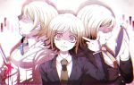  3boys blonde_hair blood dangan_ronpa dangan_ronpa_3 doraraemon dual_persona finger_gun formal glasses highres male_focus mask mitarai_ryouta multiple_boys necktie pink_blood shaded_face short_hair suit super_dangan_ronpa_2 togami_byakuya_(super_dangan_ronpa_2) upper_body 