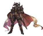  1girl apollonia_vaar armor black_armor cape full_armor gauntlets granblue_fantasy gun helmet holster horned_helmet horns leopard_print minaba_hideo official_art pauldrons sheath sheathed simple_background solo standing sword weapon 