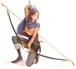  1girl arm_up arrow arycelle_dania belt black_boots black_gloves black_skirt blue_cape blue_hat boots bow_(weapon) breasts brown_eyes brown_hair cape covered_navel earrings feathers full_body gloves grey_pants hair_feathers hat holding holding_weapon hoop_earrings jewelry long_sleeves looking_away medium_breasts miniskirt one_knee orange_shirt pants quiver ryuga_(balius) shadow shirt simple_background skirt sleeves_past_wrists solo stitches tactics_ogre undershirt weapon 