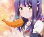  1girl anne_happy ebi_fry food green_eyes hibarigaoka_ruri long_hair purple_hair school_uniform screencap shrimp shrimp_tempura solo sparkle tempura 
