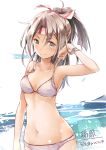  1girl alternate_costume arm_at_side armpits bare_shoulders bikini collarbone eyebrows eyebrows_visible_through_hair eyes_visible_through_hair hachimaki headband high_ponytail highres kantai_collection light_brown_eyes light_brown_hair long_hair looking_at_viewer midriff mousoup ponytail smile swimsuit white_bikini zuihou_(kantai_collection) 