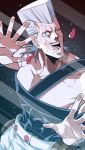  1boy abs artist_name blue_eyes blurry collarbone earrings fourth_wall jean_pierre_polnareff jewelry jojo_no_kimyou_na_bouken male_focus mawiko muscle no_eyebrows open_mouth pouch silver_hair solo sweat tears 