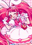  1girl ;d animal_ears argyle argyle_background bow cake_hair_ornament cowboy_shot cure_whip dress extra_ears food_themed_hair_ornament gloves hair_ornament hairband kiku009 kirakira_precure_a_la_mode long_hair looking_at_viewer magical_girl one_eye_closed open_mouth pink_background pink_bow pink_hair precure rabbit_ears red_choker red_eyes red_hairband smile solo twintails usami_ichika white_dress white_gloves 
