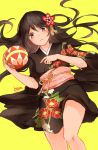  1girl artist_name ball black_hair black_kimono blush eyebrows eyebrows_visible_through_hair floral_print flower hair_down hair_flower hair_ornament haiyun hand_on_own_chest highres japanese_clothes kimono long_hair looking_at_viewer love_live! love_live!_school_idol_project obi parted_lips sash short_kimono simple_background solo yazawa_nico yellow_background 