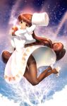  1girl brown_eyes brown_hair brown_legwear capelet cocoa_cookie cookie_run dress gloves hat highres hot_chocolate long_hair looking_at_viewer marshmallow mary_janes offcar panties panties_under_pantyhose pantyhose shoe_dangle shoes snowflakes solo thighband_pantyhose underwear very_long_hair white_dress winter_clothes 