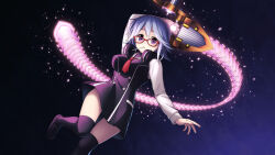  1girl arm_behind_head arm_up black_shoes black_thighhighs blue_hair chaos;child d-sword dress_vest glasses glowing glowing_sword glowing_weapon hair_between_eyes headphones headphones_around_neck hekiho_academy hekiho_academy_school_uniform holding holding_sword holding_weapon huge_weapon kazuki_hana light_particles loafers lollipop_in_mouth long_sleeves looking_at_viewer miniskirt open_mouth red-framed_eyewear sailor_collar sailor_shirt school_uniform shirt shoes short_hair skirt solo sword taba_neruko thick_thighs thigh-highs thighs weapon white_shirt wide_hips zettai_ryouiki 