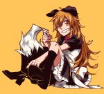  1girl animal_ears blonde_hair bloomers blouse boots bow braid dog_ears dog_tail full_body grin hair_bow holding_own_tail hosomitimiti kirisame_marisa long_hair looking_at_viewer no_hat side_braid sitting skirt smile socks solo tail touhou underwear yellow_background yellow_eyes 