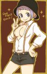 ! 1girl blue_eyes border breasts brown_background carina_(one_piece) cleavage copyright_name earrings hand_on_hip happy hat jewelry looking_at_viewer no_bra one_piece one_piece_film_gold open_shirt outline purple_hair shorts simple_background smile solo sparkle suspenders v violet_eyes yukke 