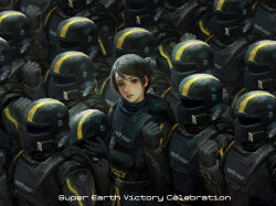  1girl 6+others armor army assault_visor black_cape black_gloves black_hair black_visor breastplate brown_eyes cape clenched_hand commentary english_commentary english_text gloves hair_bun helldiver_(helldivers) helldivers_(series) helmet highres holding holding_helmet looking_at_viewer multiple_others odd_one_out salute short_hair single_hair_bun solo_focus unworn_headwear unworn_helmet xianggang_jizhe 