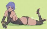  1girl anklet ass assassin_(fate/prototype_fragments) barefoot black_gloves black_legwear black_panties blue_eyes blue_hair blush breasts butt_crack collarbone dark_skin dimples_of_venus elbow_gloves fate/grand_order fate/prototype fate/prototype:_fragments_of_blue_and_silver fate_(series) feet gloves jewelry large_breasts looking_at_viewer lying no_shoes on_stomach panties partly_fingerless_gloves short_hair sideboob simple_background smile solo thigh-highs toeless_legwear toes underwear utu_(ldnsft) 