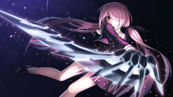  1girl black_shoes breasts buttons chaos;child d-sword dress floating_hair frown hair_over_one_eye hekiho_academy hekiho_academy_school_uniform holding holding_sword holding_weapon huge_weapon jacket light_particles loafers long_hair looking_to_the_side minamisawa_senri pink_hair ribbon school_uniform serious shoes small_breasts socks solo sword taba_neruko thighs twintails v-shaped_eyebrows very_long_hair weapon white_socks 