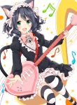  1girl :d animal_ears beamed_semiquavers bell black_hair blush bow bowtie buttons cat_ears cat_tail cyan_(show_by_rock!!) dress dutch_angle electric_guitar eyebrows eyebrows_visible_through_hair fang frilled_dress frills green_eyes guitar hairband heart holding holding_instrument instrument jingle_bell juliet_sleeves lolita_hairband long_sleeves looking_at_viewer music musical_note open_mouth outstretched_arm pink_bow pink_bowtie playing_instrument puffy_sleeves quaver ringlets shiina_kuro short_hair show_by_rock!! smile solo star striped striped_legwear tail teeth thigh-highs 