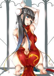  1girl :p arched_back arm_up ass bare_shoulders black_hair blue_eyes blue_hair breasts bun_cover butt_crack china_dress chinese_clothes dress elbow_gloves from_behind gloves gradient_hair lips long_hair looking_at_viewer medium_breasts multicolored_hair no_panties original pelvic_curtain shiny shiny_hair shiny_skin side_slit solo squatting tongue tongue_out twisted_neck usyuuri white_background white_gloves 