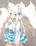  1girl animal_ears bangs blue_dress blue_rose blush breasts chita_(ketchup) cowboy_shot dress flower fox_ears frilled_dress frilled_sleeves frills hair_flower hair_ornament hands_together highres kyuubi large_breasts long_hair multiple_tails original rose simple_background smile solo tail twitter_username violet_eyes white_dress white_hair 