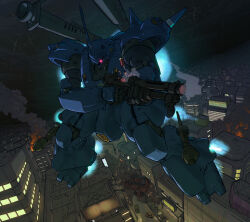  battle building cannon cityscape commentary_request damaged earth_federation fake_screenshot gun guncannon_mp_type gundam gundam_0080 highres kampfer_(mobile_suit) mecha mobile_suit night no_humans one-eyed radio_antenna robot ruins scene_reference science_fiction shotgun smoke space_habitat spacecraft_interior tessaku_ro thrusters weapon window wreckage zeon 