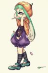  1girl absurdres bangs blunt_bangs costume domino_mask fang food full_body green_hair halloween_costume highres inkling jack-o&#039;-lantern long_hair mask mouth_hold pointy_ears popsicle puchiman pumpkin_pants simple_background solo splatoon standing tentacle_hair unitard white_background yellow_eyes 