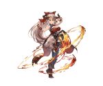  1girl aliza_(granblue_fantasy) bare_shoulders bow breasts cleavage doraf dress earrings fire full_body granblue_fantasy hair_bow headpiece high_ponytail jewelry large_breasts leg_up long_hair minaba_hideo official_art pointy_ears red_bow red_dress red_eyes shorts_under_skirt silver_hair simple_background solo thigh-highs transparent_background white_legwear 