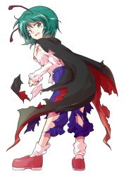  1girl alphes_(style) antennae back black_cape blue_shorts buttons cape collared_shirt commentary_request crying crying_with_eyes_open dairi defeat full_body green_eyes green_hair imperishable_night juliet_sleeves large_variant_set loafers long_sleeves open_mouth parody puffy_sleeves red_cape red_shoes rider_kick shirt shirt_tucked_in shoes short_hair shorts socks solo style_parody tachi-e tears torn_clothes touhou transparent_background two-sided_cape two-sided_fabric variant_set white_shirt white_socks wriggle_nightbug 