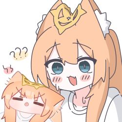  2girls ? ?? absurdres animal_ear_fluff animal_ears blue_archive blunt_bangs blush chibi closed_eyes collarbone dual_persona fang halo highres horuhara long_hair mari_(blue_archive) multiple_girls no_nose open_mouth orange_hair shirt skin_fang slit_pupils sweat tongue tongue_out v-shaped_eyebrows white_shirt yellow_halo 