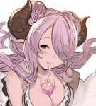  1girl between_breasts blue_eyes breasts cleavage doraf drinking_straw granblue_fantasy hair_over_one_eye hanarito horns large_breasts lowres narumeia_(granblue_fantasy) out_of_frame pink_hair pointy_ears solo_focus straw 