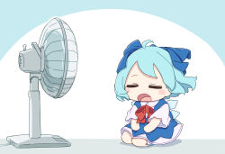  1girl absurdres ahoge blue_bow blue_hair blue_shoes blush_stickers bow bowtie chibi chibi_only cirno closed_eyes collared_shirt commentary electric_fan full_body fumo_(doll) hair_bow highres ice ice_wings kame_(kamepan44231) open_mouth red_bow red_bowtie seiza shirt shoes short_hair short_sleeves sitting solo touhou white_background white_shirt wings 