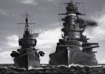  battleship cannon clouds cloudy_sky commentary_request destroyer imperial_japanese_navy ishii_hisao military military_vehicle monochrome mutsu_(battleship) no_humans ocean original sagiri_(destroyer) ship sky smoke warship watercraft 