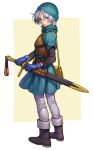  1boy bag black_boots blue_clothes blue_gloves blue_hat boots dragon_quest dragon_quest_vi full_body gloves hat male_focus nona_(831korokke) sheath sheathed solo sword terry violet_eyes weapon white_hair 