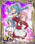  2girls apron arms_up belt blue_gloves blue_hair bracelet breastplate bridal_gauntlets card_(medium) character_request gloves grin hair_ornament hairclip hand_on_hip high_ponytail jewelry lisbeth long_hair looking_at_viewer midriff multiple_girls navel number open_mouth pink_eyes pleated_skirt red_skirt ring skirt smile star sword_art_online thigh-highs thigh_strap white_apron white_legwear white_skirt zettai_ryouiki 