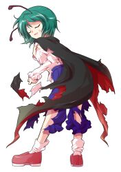  1girl alphes_(style) antennae back black_cape blue_shorts buttons cape closed_eyes collared_shirt commentary_request dairi defeat full_body green_hair imperishable_night juliet_sleeves large_variant_set loafers long_sleeves open_mouth parody puffy_sleeves red_cape red_shoes rider_kick shirt shirt_tucked_in shoes short_hair shorts smile socks solo style_parody sweatdrop tachi-e torn_clothes touhou transparent_background two-sided_cape two-sided_fabric variant_set white_shirt white_socks wriggle_nightbug 