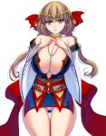  1girl bangs bare_shoulders breasts brown_hair cleavage collarbone eyebrows eyebrows_visible_through_hair green_eyes hands_on_own_chest highres japanese_clothes jewelry kimono large_breasts long_hair looking_at_viewer masao necklace obi original panties panty_peek parted_lips sash short_kimono simple_background solo thigh_gap thighs tiara twintails underwear white_background white_panties 
