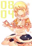  1girl :&gt; atoki blonde_hair cat&#039;s_cradle green_eyes highres japanese_clothes mizuhashi_parsee pointy_ears scarf seiza sitting solo touhou 