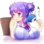 1girl :o bangs blunt_bangs blush bow breast_rest breasts commentary_request double_bun erect_nipples eyebrows eyebrows_visible_through_hair fan fanning_self hair_bow impossible_clothes impossible_shirt large_breasts long_hair patchouli_knowledge purple_hair red_bow rimu_(kingyo_origin) shirt simple_background sitting solo striped sweat touhou upper_body violet_eyes white_background 