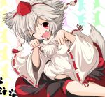  1girl absurdres animal_ears bare_shoulders breasts detached_sleeves fang hat highres inubashiri_momiji looking_at_viewer midriff one_eye_closed open_mouth paw_pose pochi_tarou pom_pom_(clothes) red_eyes ribbon ribbon-trimmed_sleeves ribbon_trim short_hair silver_hair solo tail tokin_hat touhou wolf_ears wolf_tail 