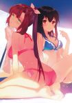  2girls :o absurdres ass bare_arms bare_legs bare_shoulders barefoot beach bikini black_hair blue_bikini blush bow breasts cleavage closed_mouth day drying frilled_bikini frills green_eyes hair_bow highres himeragi_yukina kirasaka_sayaka knees_apart_feet_together long_hair looking_at_viewer looking_back manyako_(mohumohu) medicine_melancholy multiple_girls navel ocean open_mouth pink_bow pointing pointing_at_self ponytail purple_hair red_bikini red_eyes red_ribbon ribbon scan seiza shoulder_blades side-tie_bikini sitting smile soles stomach strike_the_blood swimsuit towel very_long_hair water water_drop wet 