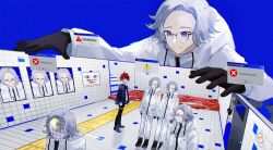  6+boys ahoge aotsuki_eito asako_(pixiv_5702576) black_gloves black_hair black_pants black_shoes blood blue_background blue_eyes blue_jacket clone closed_mouth coat commentary door error_message full_body glasses gloves indoors jacket looking_at_another multicolored_hair multiple_boys open_mouth pants parted_bangs peeking photo_(object) red_hair shoes sign simple_background smile stairs streaked_hair subway_station sumino_takumi the_exit_8 the_hundred_line_-last_defense_academy- upper_body warning_sign white_coat white_hair white_pants 